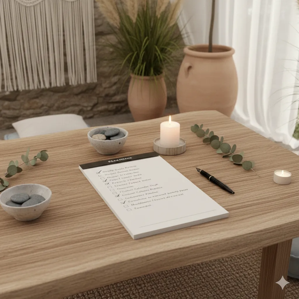 Calm planning session showing organized checklist and peaceful workspace